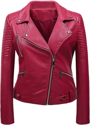 Women Faux Leather Jackets Belted Motorcycle Fashion Pu Moto Biker Short Coat Zip Up Long Sleeves Fitted Slim Outwear
