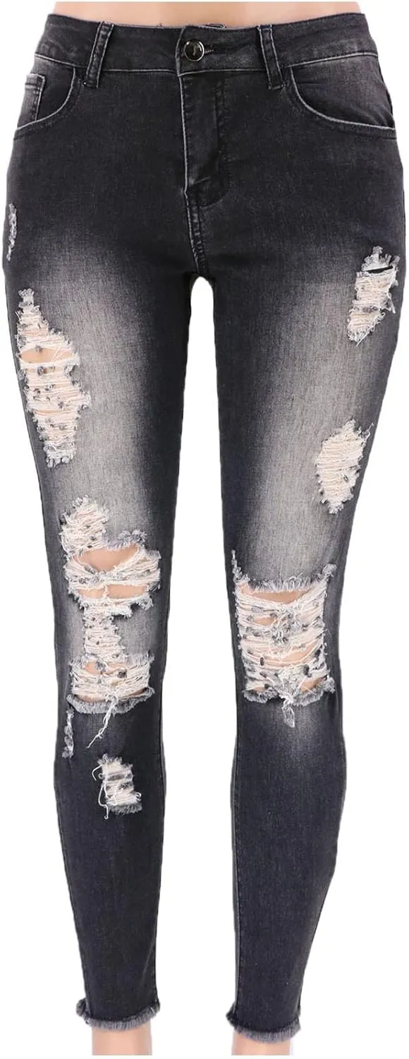 Women Jeans Fit High Waisted Ripped Distressed Stretchy Denim Pants Casual Straight Leg Jeans Long Pants