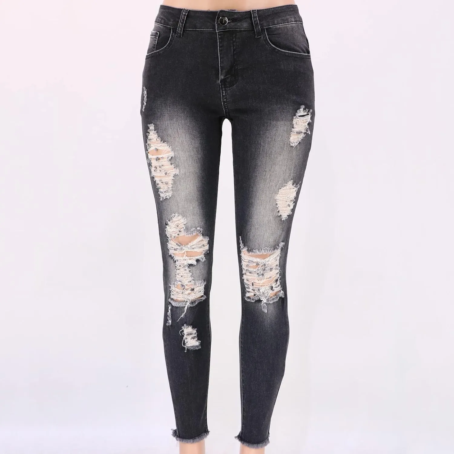 Women Jeans Fit High Waisted Ripped Distressed Stretchy Denim Pants Casual Straight Leg Jeans Long Pants