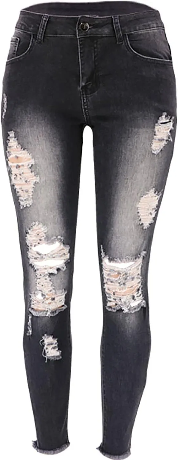 Women Jeans Fit High Waisted Ripped Distressed Stretchy Denim Pants Casual Straight Leg Jeans Long Pants