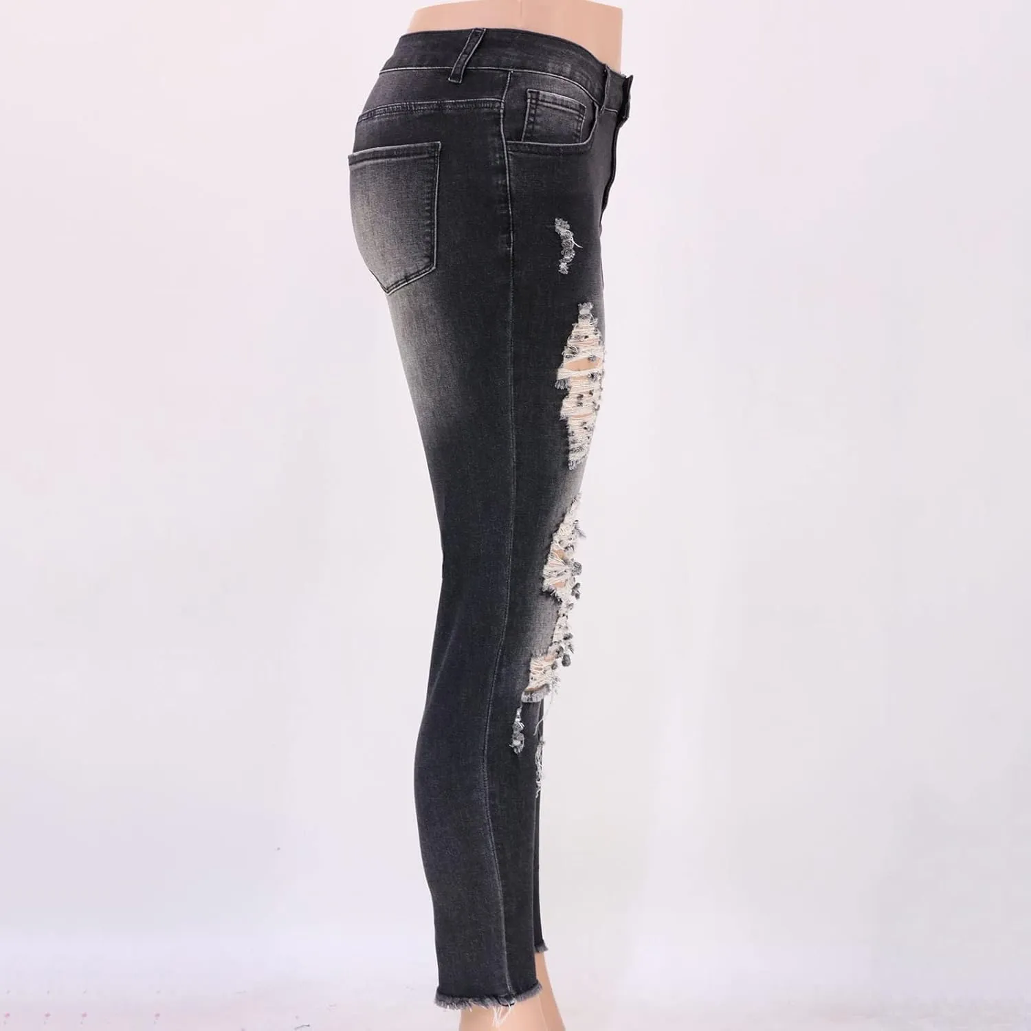 Women Jeans Fit High Waisted Ripped Distressed Stretchy Denim Pants Casual Straight Leg Jeans Long Pants