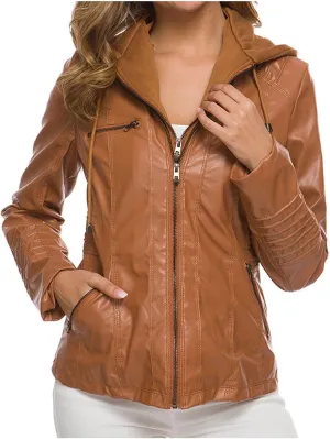 Women Motorcycle Jacket Removable Hooded Faux Leather Jacket Plus Size Moto Biker Coat Lightweight Zipper Outerwear