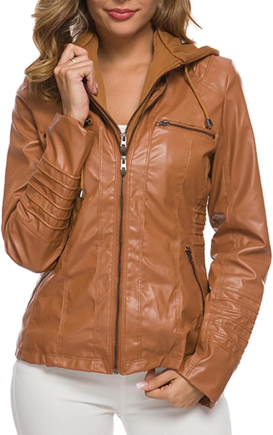 Women Motorcycle Jacket Removable Hooded Faux Leather Jacket Plus Size Moto Biker Coat Lightweight Zipper Outerwear