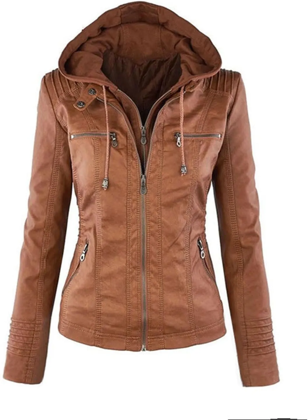 Women Motorcycle Jacket Removable Hooded Faux Leather Jacket Plus Size Moto Biker Coat Lightweight Zipper Outerwear
