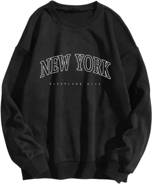 Women New York Sweatshirts Crewneck Letter Graphic Vacation Shirt Oversized Pullover Tops Y2K Harajuku Clothes