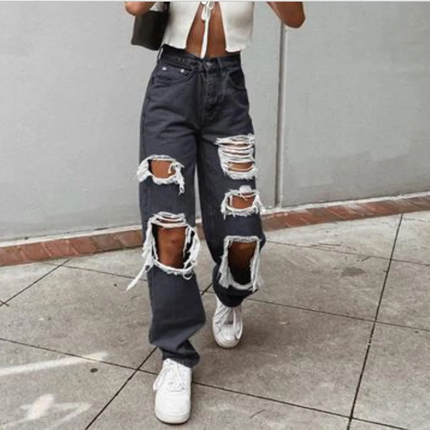 Women Patchwork Destroyed Raw Hem Jeans Ripped Hole Denim Pants Distressed Stretchy Loose Fit Boyfriend Jeans