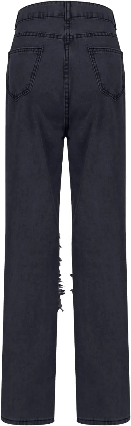 Women Patchwork Destroyed Raw Hem Jeans Ripped Hole Denim Pants Distressed Stretchy Loose Fit Boyfriend Jeans