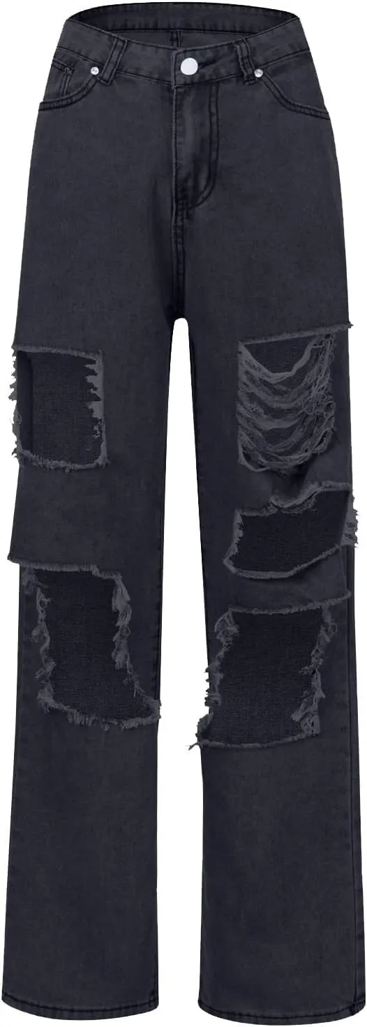 Women Patchwork Destroyed Raw Hem Jeans Ripped Hole Denim Pants Distressed Stretchy Loose Fit Boyfriend Jeans