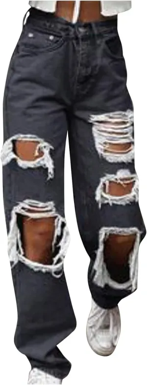 Women Patchwork Destroyed Raw Hem Jeans Ripped Hole Denim Pants Distressed Stretchy Loose Fit Boyfriend Jeans
