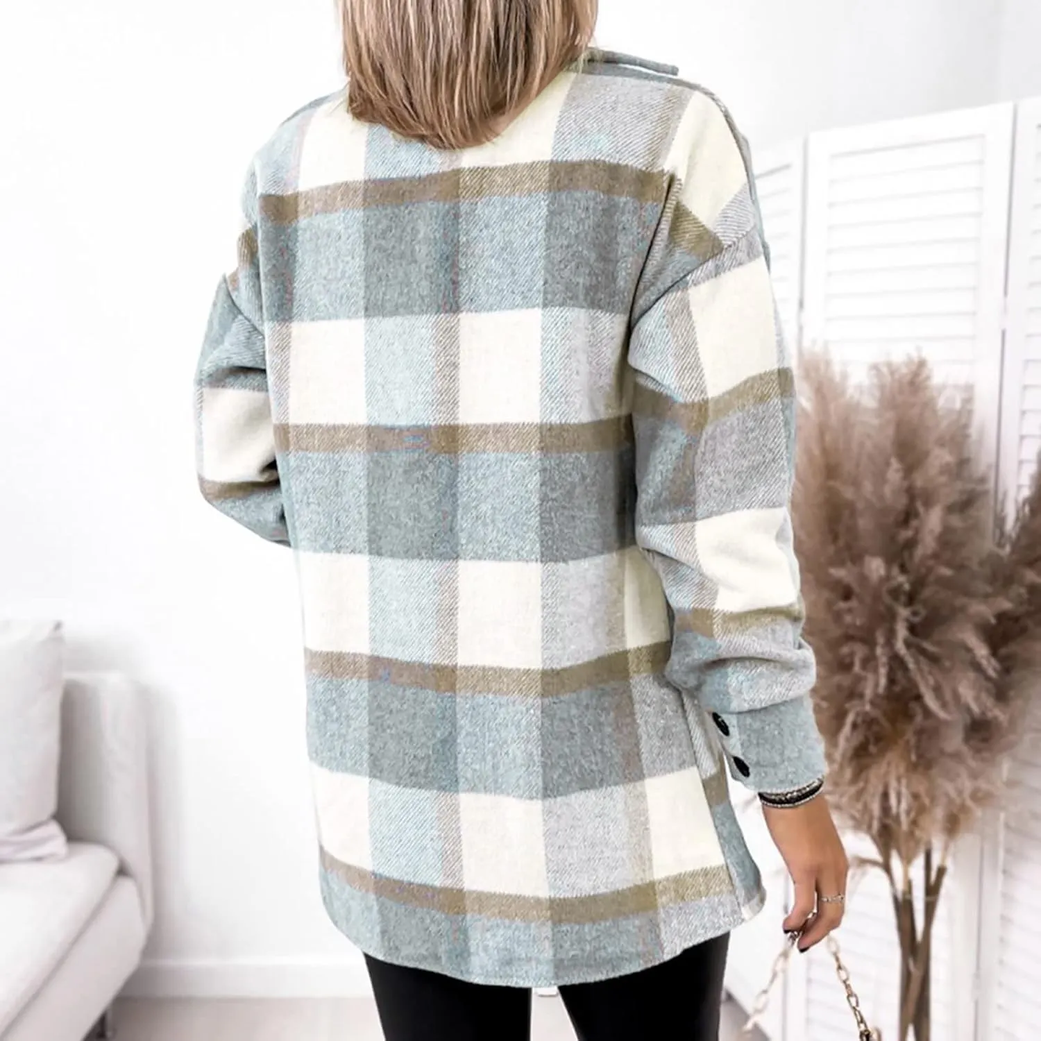 Women Plaid Shacket Jacket Button Down Wool Blend Fall Flannel Jacket Tartan Trench Coat Lapel Collar Loose Outerwear
