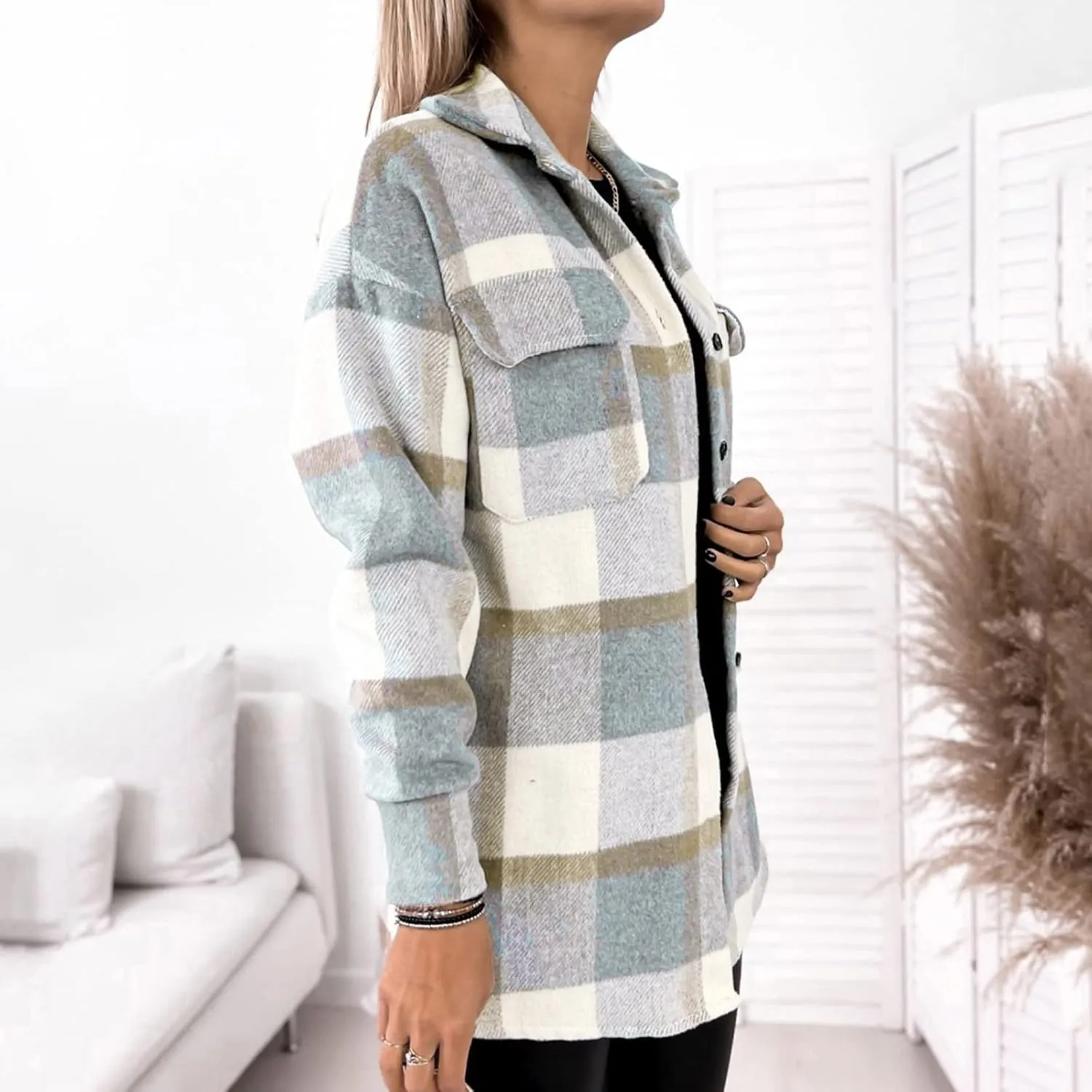 Women Plaid Shacket Jacket Button Down Wool Blend Fall Flannel Jacket Tartan Trench Coat Lapel Collar Loose Outerwear