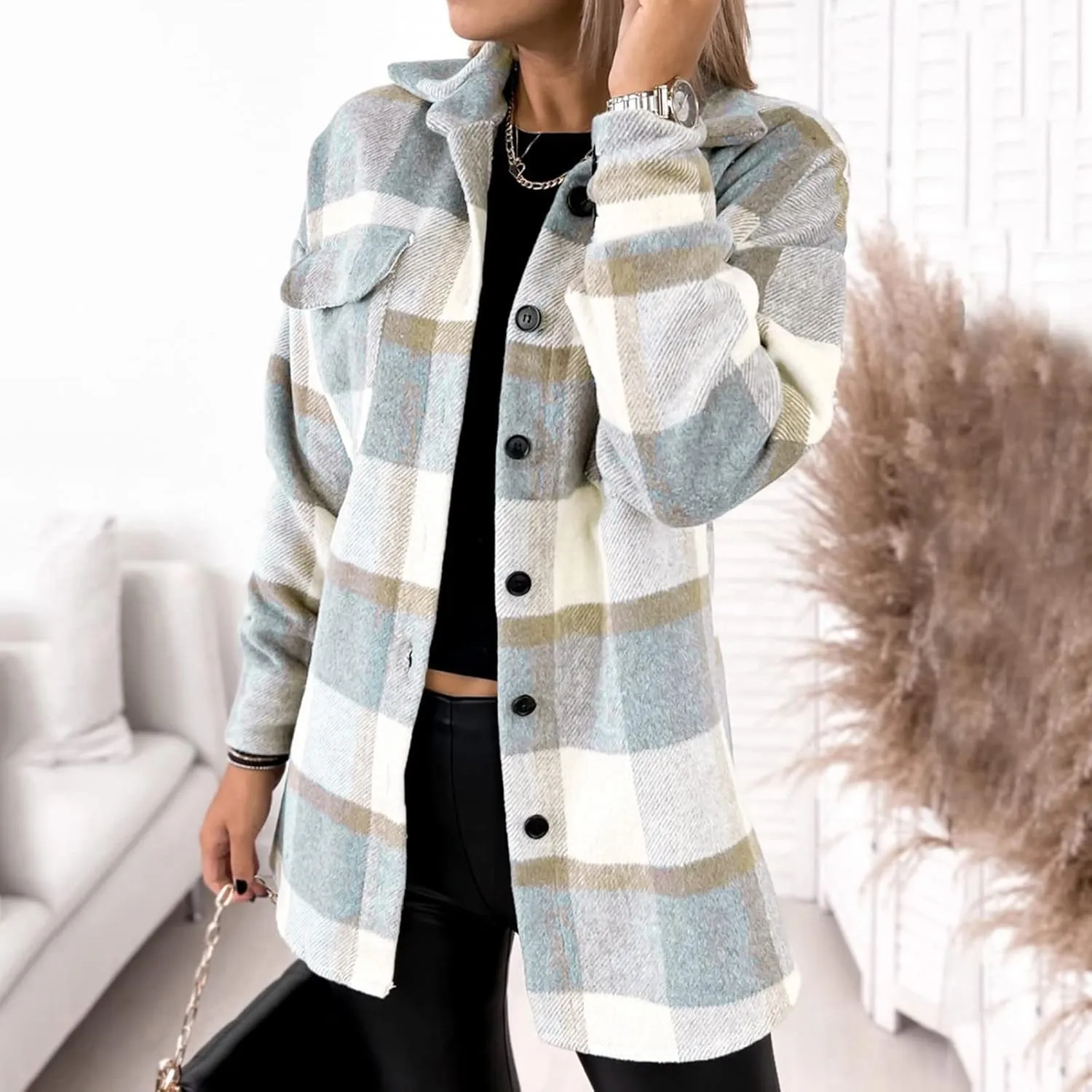 Women Plaid Shacket Jacket Button Down Wool Blend Fall Flannel Jacket Tartan Trench Coat Lapel Collar Loose Outerwear