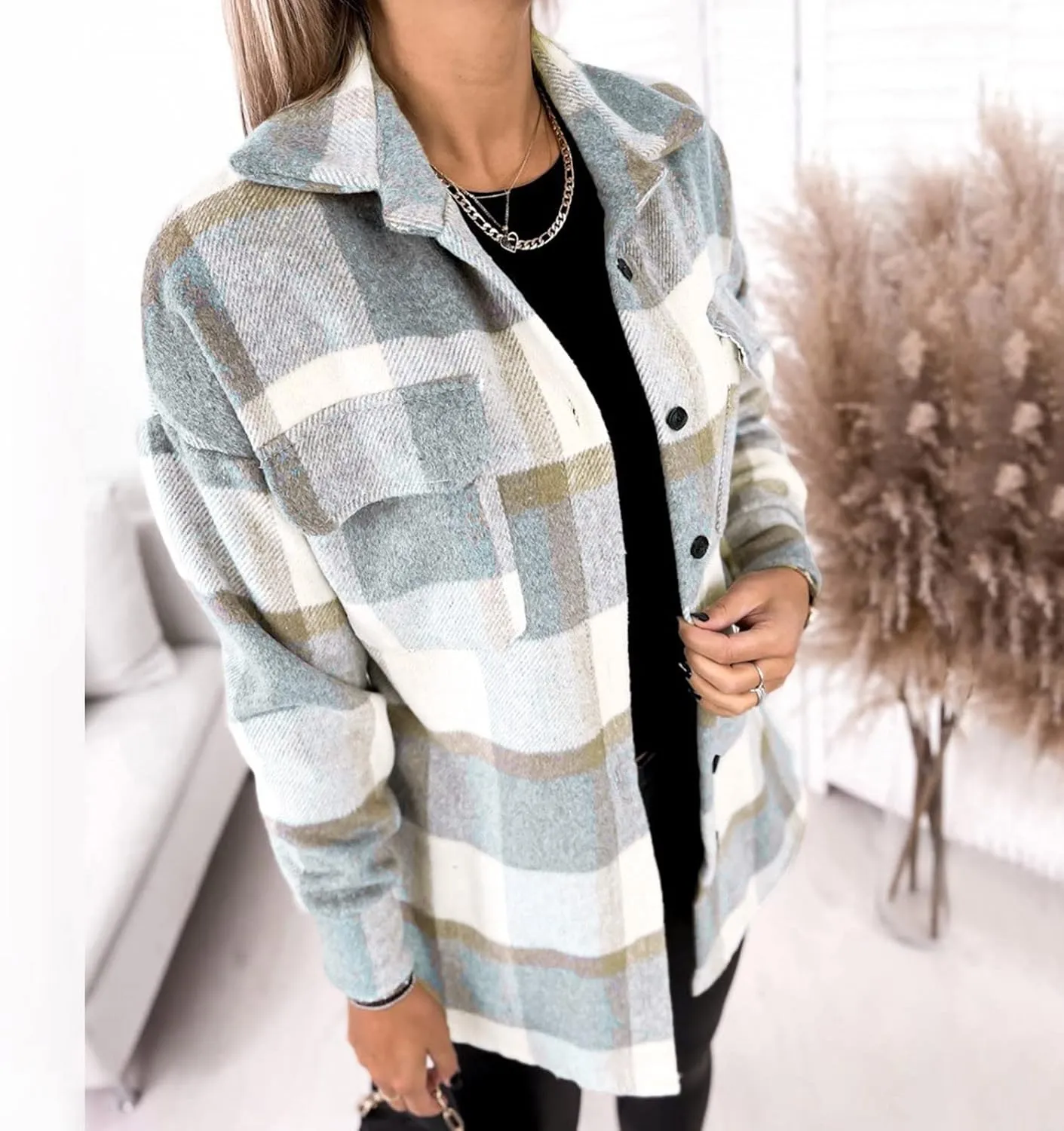 Women Plaid Shacket Jacket Button Down Wool Blend Fall Flannel Jacket Tartan Trench Coat Lapel Collar Loose Outerwear