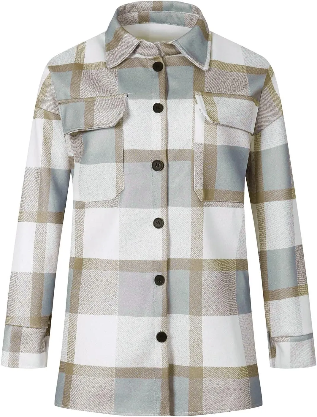 Women Plaid Shacket Jacket Button Down Wool Blend Fall Flannel Jacket Tartan Trench Coat Lapel Collar Loose Outerwear
