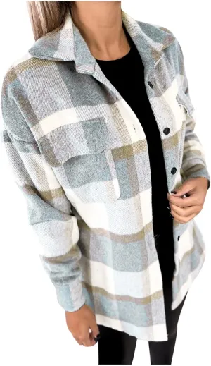 Women Plaid Shacket Jacket Button Down Wool Blend Fall Flannel Jacket Tartan Trench Coat Lapel Collar Loose Outerwear