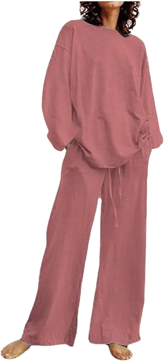 Women Summer 2 Piece Outfits O Neck Loose Short Sleeve Floral Print Top Shirt with Pants Fashion Plus Size Pajama Set