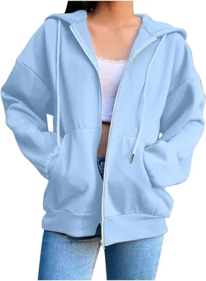 Women's 2024 Fall Zip Up Hoodies Sweatshirt Solid Color Long Sleeve Oversized Coat Casual Cozy Fall Winter Outfits