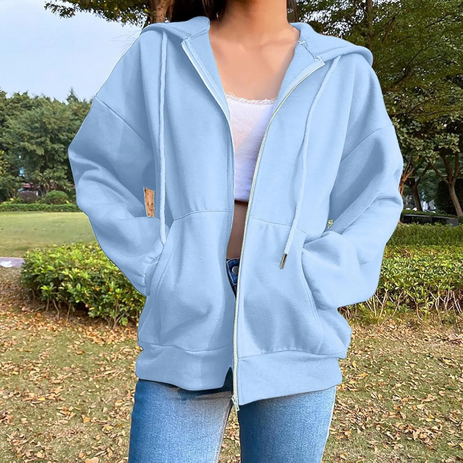 Women's 2024 Fall Zip Up Hoodies Sweatshirt Solid Color Long Sleeve Oversized Coat Casual Cozy Fall Winter Outfits