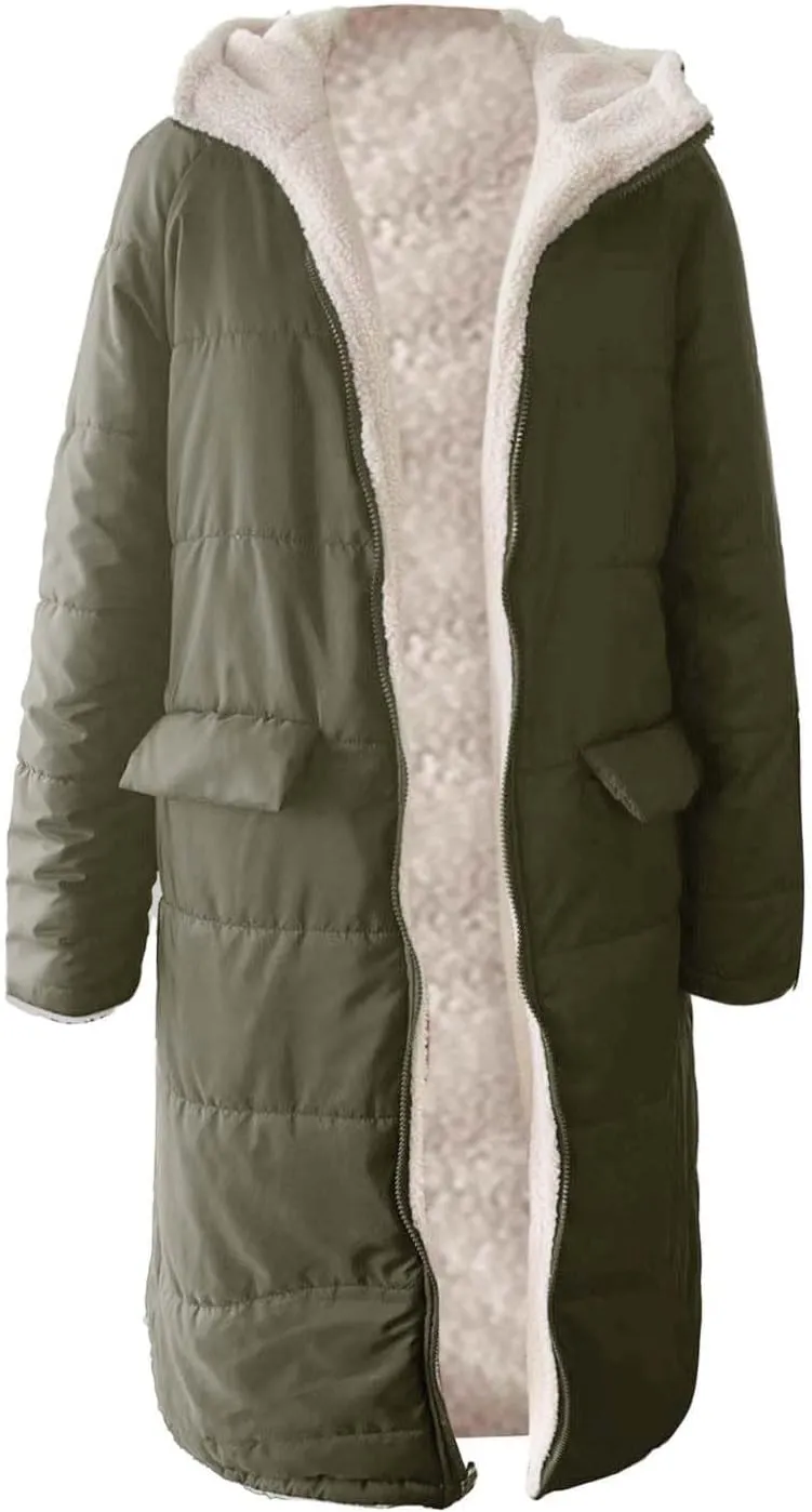 Women's 2024 Winter Fashion Shearling Fleece Long Coats Jackets Clothes Sherpa Padded Down Jackets Full Zip