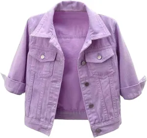 Womens 3/4 Sleeve Short Denim Jacket Cropped Lapel Button Down Trucker Jacket Casual Cute Jean Jackets Fall Coat