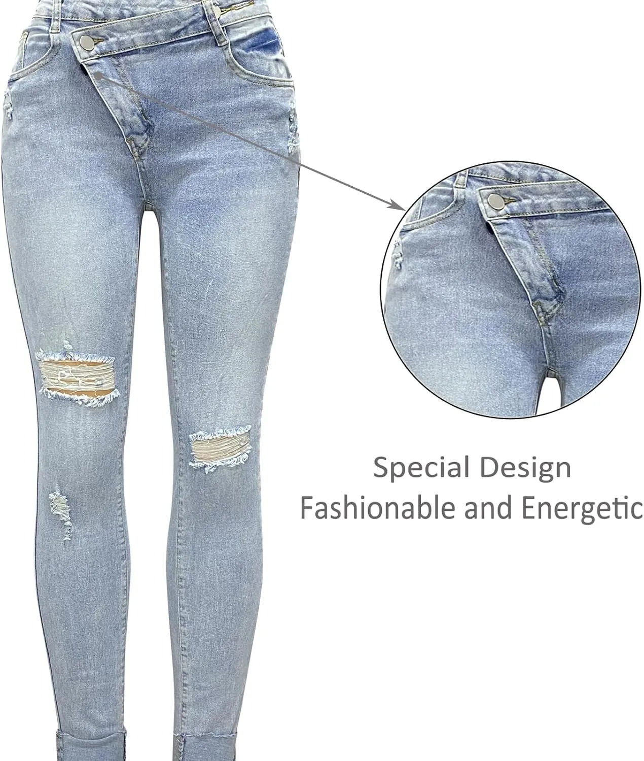 Women's Asymmetrical Skinny Ripped Jeans Trendy Stretch Skinny Boyfriend Jean Distressed Denim Pants for Women