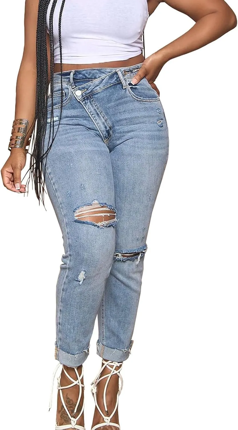 Women's Asymmetrical Skinny Ripped Jeans Trendy Stretch Skinny Boyfriend Jean Distressed Denim Pants for Women