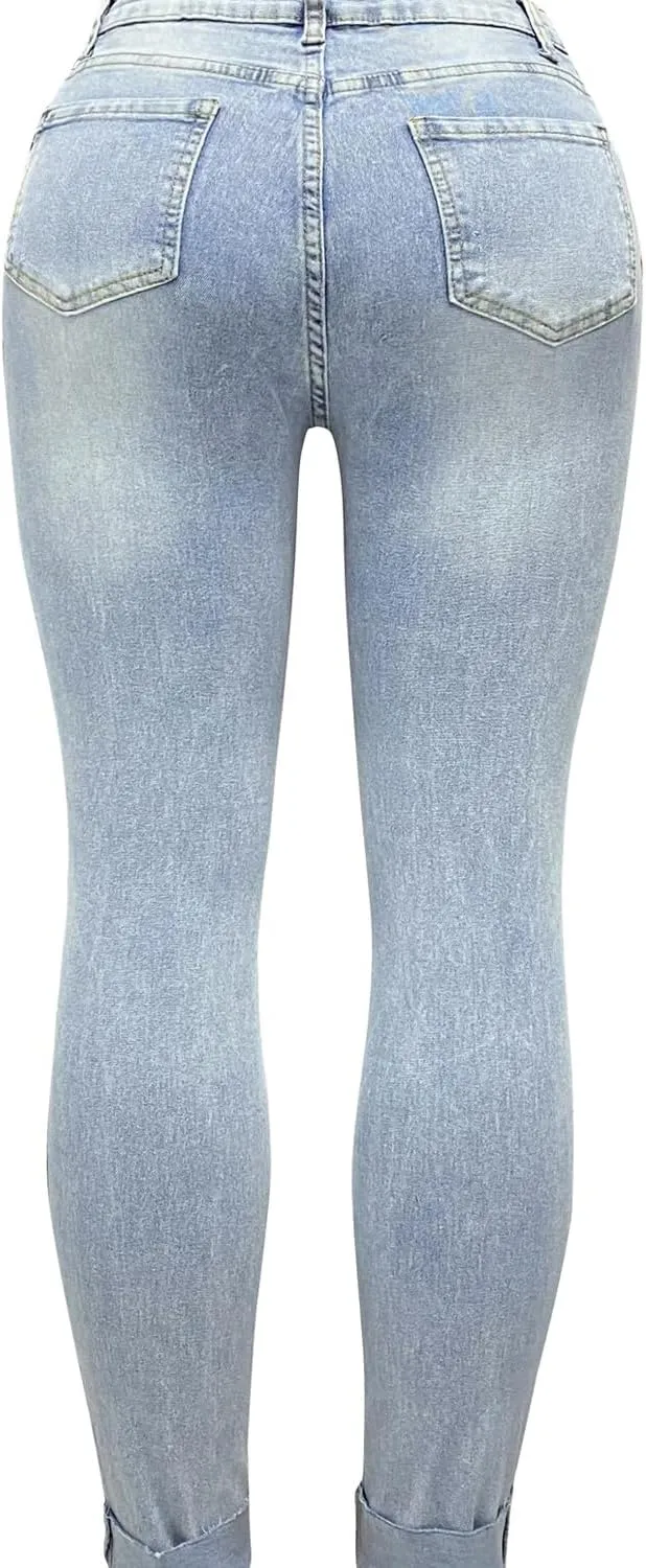 Women's Asymmetrical Skinny Ripped Jeans Trendy Stretch Skinny Boyfriend Jean Distressed Denim Pants for Women