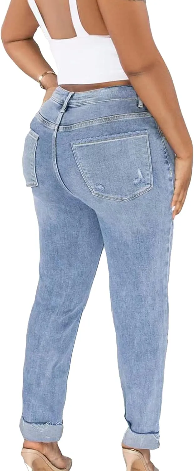 Women's Asymmetrical Skinny Ripped Jeans Trendy Stretch Skinny Boyfriend Jean Distressed Denim Pants for Women