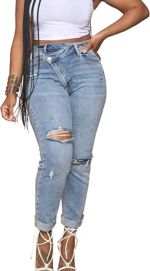 Women's Asymmetrical Skinny Ripped Jeans Trendy Stretch Skinny Boyfriend Jean Distressed Denim Pants for Women