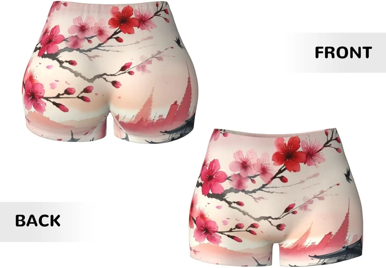 Women's Athletic Stretch Shorts Sakura-Blossoms-Pagodas-Watercolor Running Shorts for Women