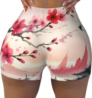 Women's Athletic Stretch Shorts Sakura-Blossoms-Pagodas-Watercolor Running Shorts for Women