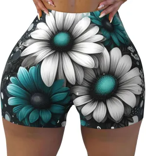 Women's Athletic Stretch Shorts Teal-Flowers-Dots Running Shorts for Women