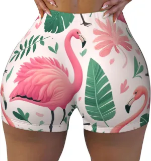 Women's Athletic Stretch Shorts Tropical-Flamingo-Leaves Running Shorts for Women