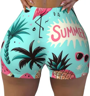 Women's Athletic Stretch Shorts Tropical-Flamingo-Sunglasses-Pineapples Running Shorts for Women
