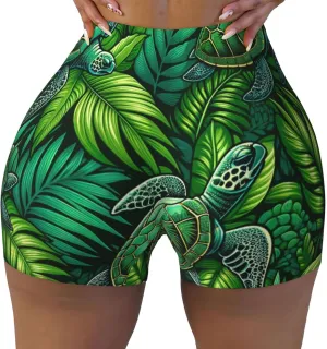 Women's Athletic Stretch Shorts Turtle-Tropicals-Leaves Running Shorts for Women