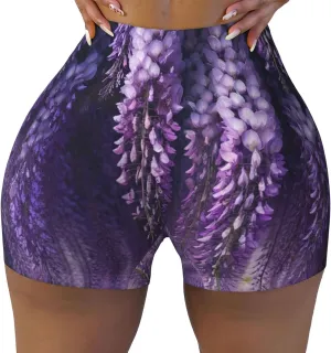 Women's Athletic Stretch Shorts Violet-Flowers-Wisteria Running Shorts for Women