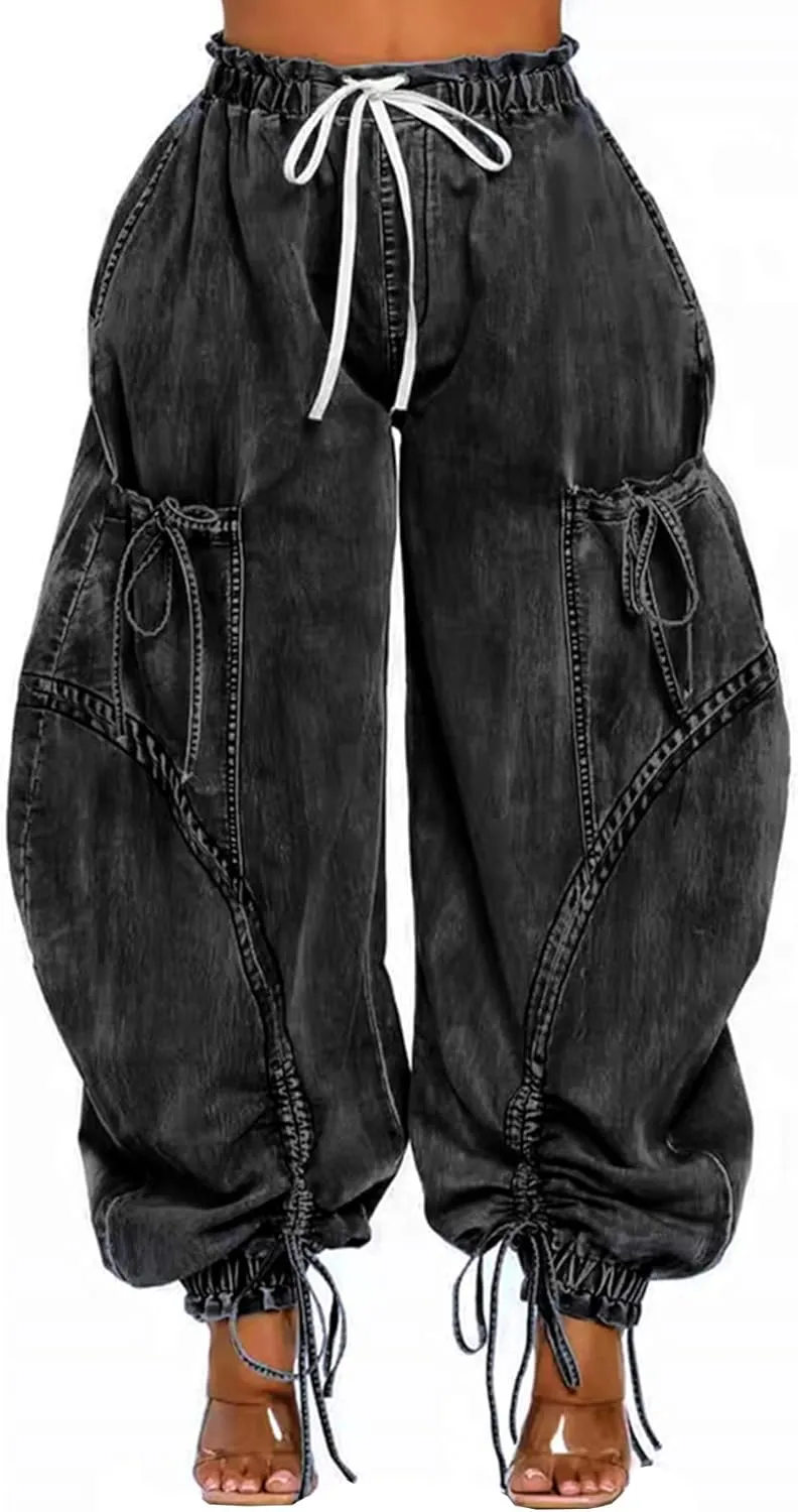 Women's Barrel Jeans Boyfriend High Waisted Baggy Jeans Bow Tie Cargo Sweatpants with Drawstring Streetwear