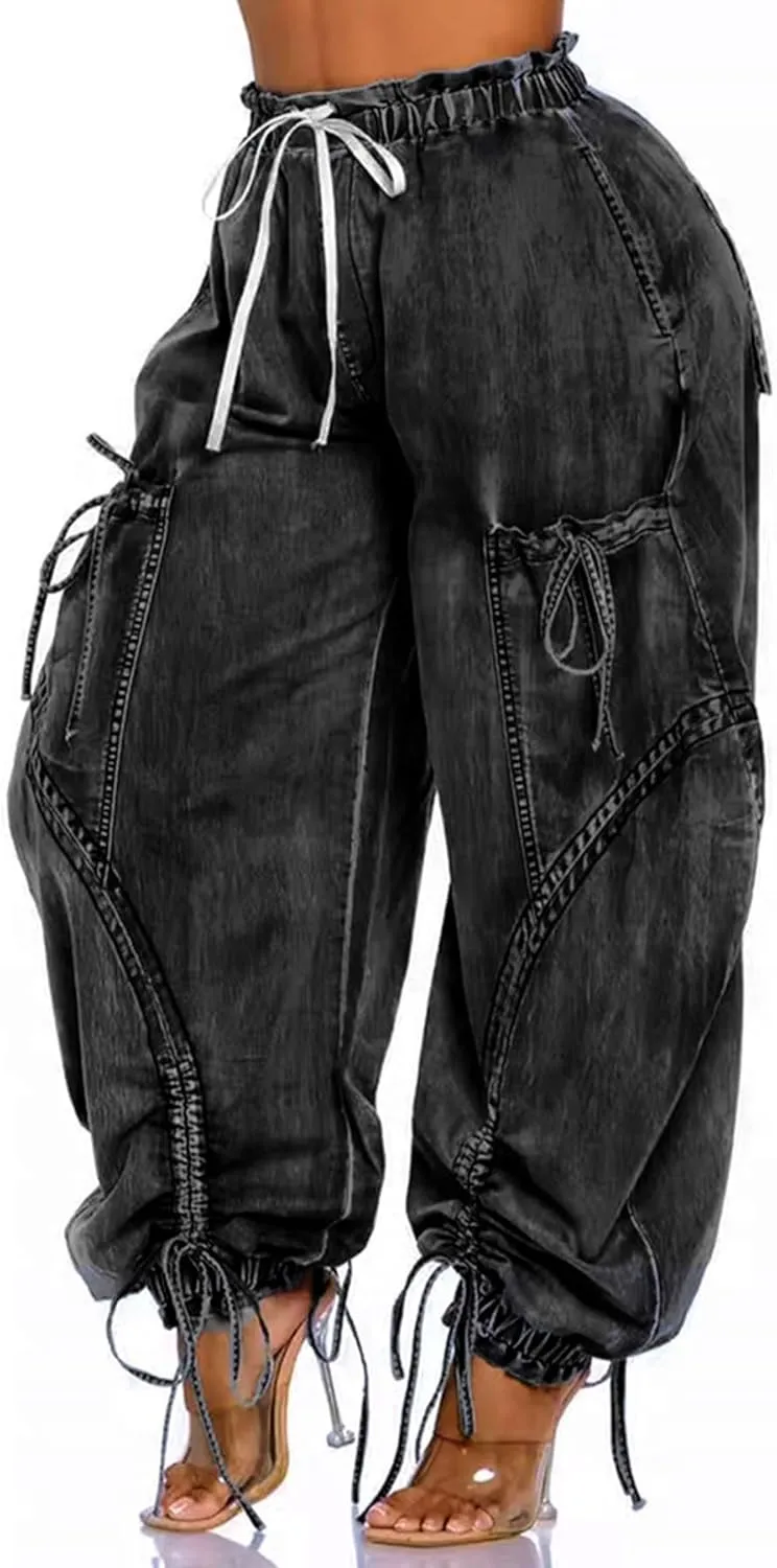Women's Barrel Jeans Boyfriend High Waisted Baggy Jeans Bow Tie Cargo Sweatpants with Drawstring Streetwear