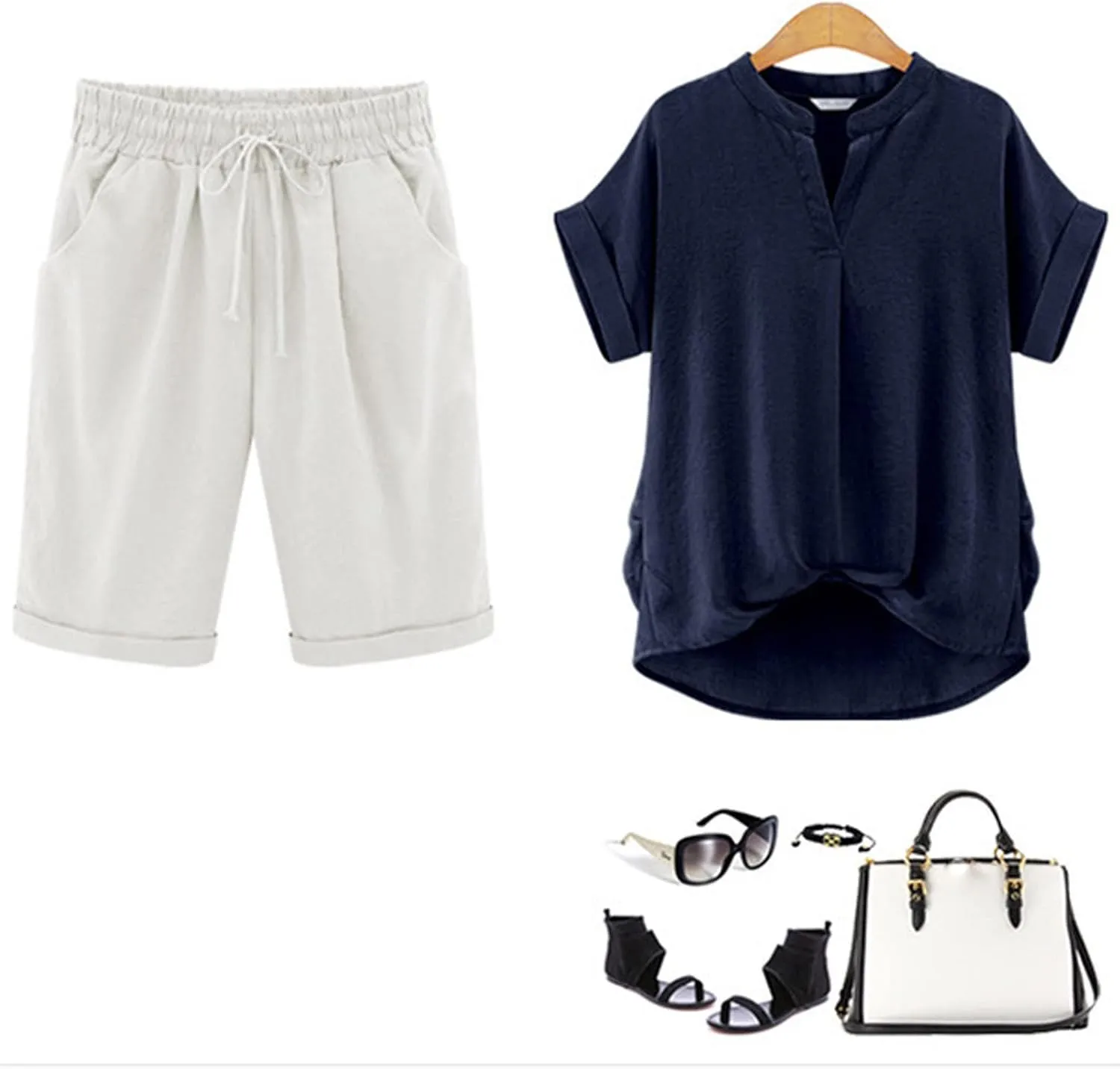 Womens Bermuda Shorts for Summer Knee Length Plus Size Shorts Elastic Waist Drawstring Linen Shorts with Pocket