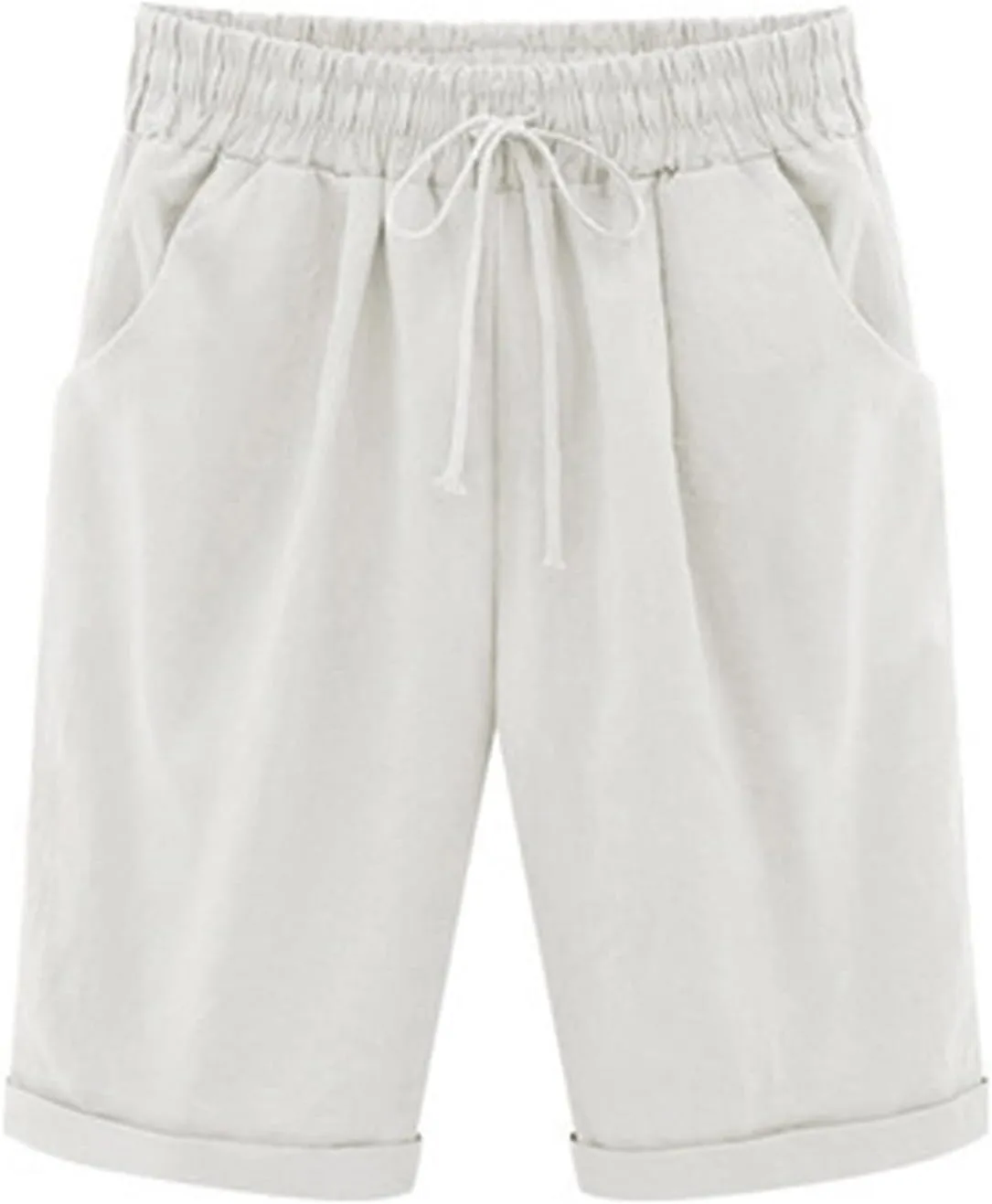 Womens Bermuda Shorts for Summer Knee Length Plus Size Shorts Elastic Waist Drawstring Linen Shorts with Pocket