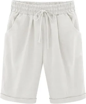 Womens Bermuda Shorts for Summer Knee Length Plus Size Shorts Elastic Waist Drawstring Linen Shorts with Pocket