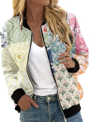 Women's Bomber Jacket 2024 Square Thin Pocket Jacket Blouse Coat Baseball Women's Casual Floral Zip Up Bomber Jacket