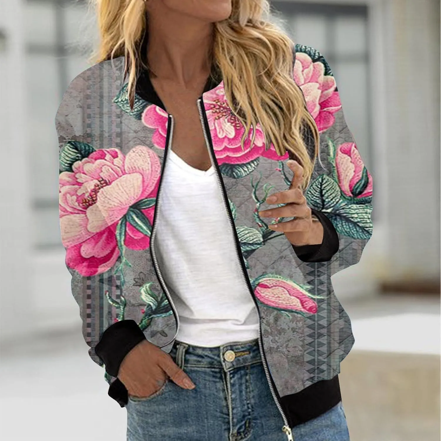Women's Bomber Jacket Casual Coat Thin Pocket Jacket Blouse Coat Baseball Top Women's Baseball Jacket Floral Fall