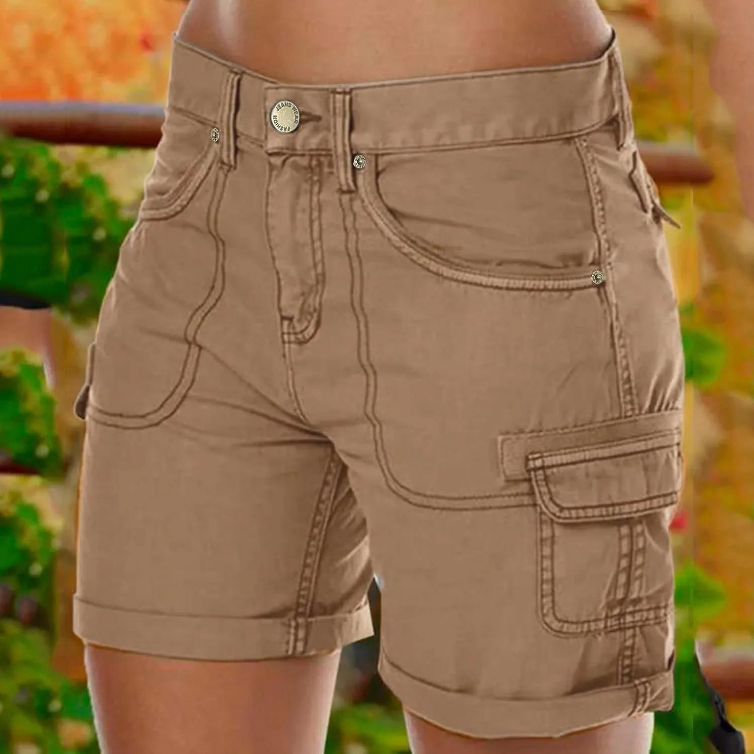 Women's Cargo Shorts Summer High Waisted Cuffed Front Seam Military Shorts Dressy Casual Hiking Short with Pockets
