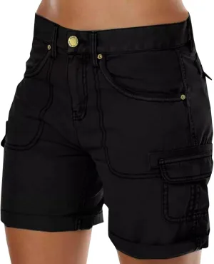 Women's Cargo Shorts Summer High Waisted Cuffed Front Seam Military Shorts Dressy Casual Hiking Short with Pockets