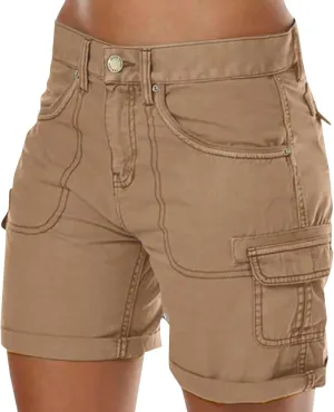 Women's Cargo Shorts Summer High Waisted Cuffed Front Seam Military Shorts Dressy Casual Hiking Short with Pockets