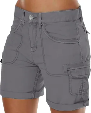 Women's Cargo Shorts Summer High Waisted Cuffed Front Seam Military Shorts Dressy Casual Hiking Short with Pockets
