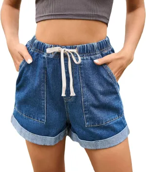 Womens Casual Straight Leg Denim Shorts High Waisted Stretchy Jean Short with Pockets Baggy Button Lightweight Shorts
