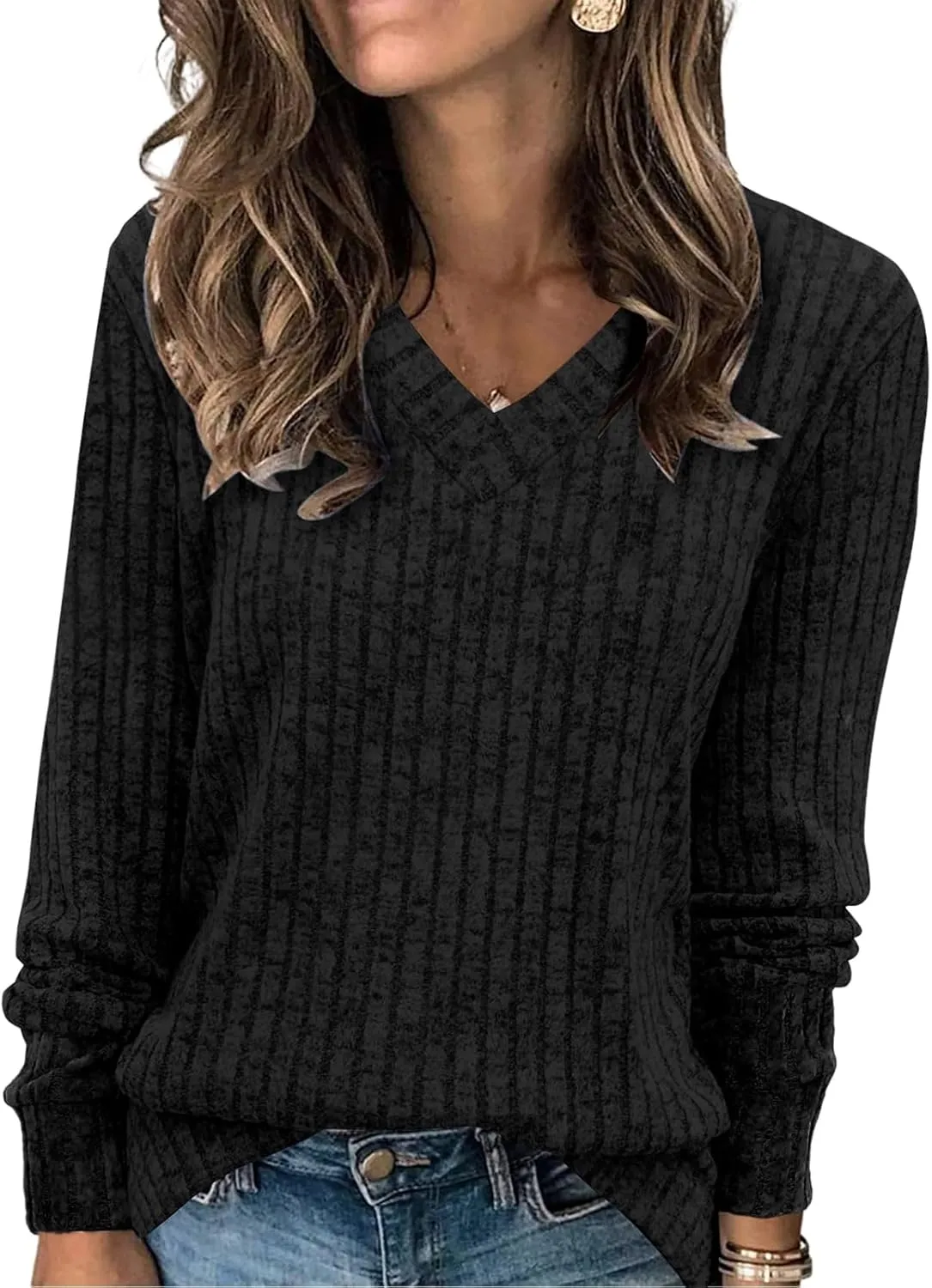 Womens Casual Sweaters Long Sleeve V Neck Shirts Ribbed Knit Tunic Pullover Fall Fashion Clothes