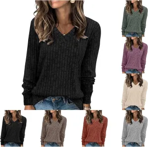 Womens Casual Sweaters Long Sleeve V Neck Shirts Ribbed Knit Tunic Pullover Fall Fashion Clothes